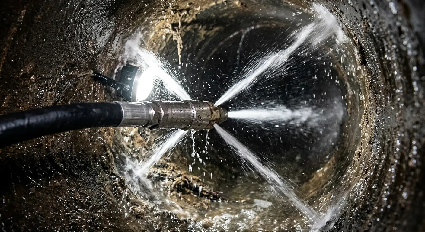 High-pressure hydro jetting nozzle cleaning sewer pipe for Emergency Drain Service in Strongsville