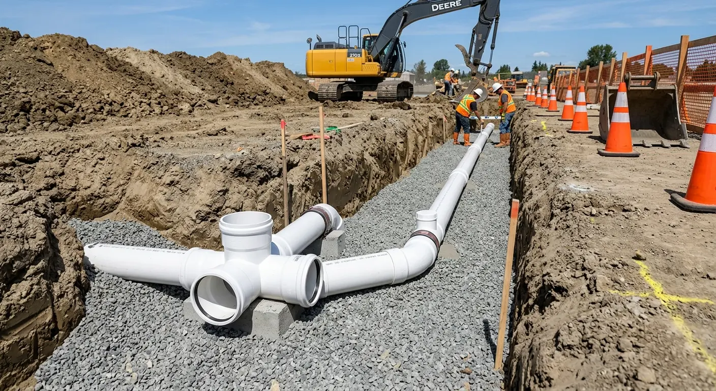 New PVC sewer pipe installation in open trench for Sewer Backup in Strongsville